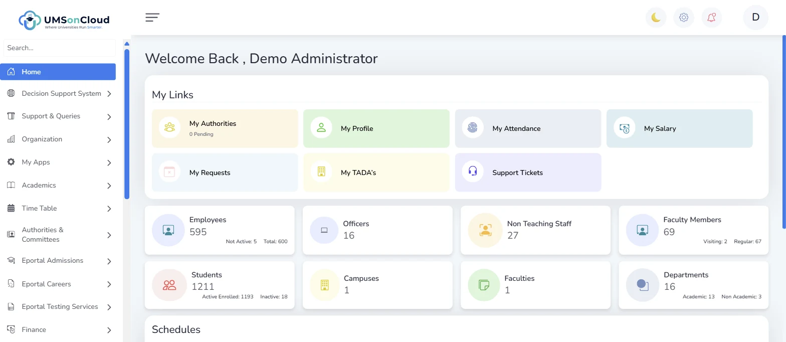 Administrator home dashboard with quick links and institution-wide headcounts