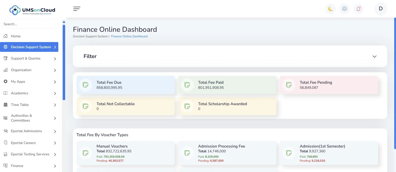 Finance Online Dashboard showing total fee due, paid and pending, broken down by voucher type